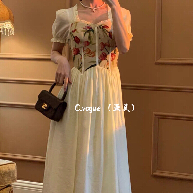 New in early summer! [c.vogue] French Retro High Waist thin tulip stitched short sleeve dress 2353# PCZ