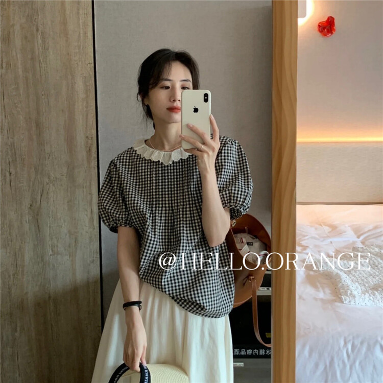 [orange] checkered Korean Short Sleeved T-shirt (only selling t-shirts) 8837# HBx