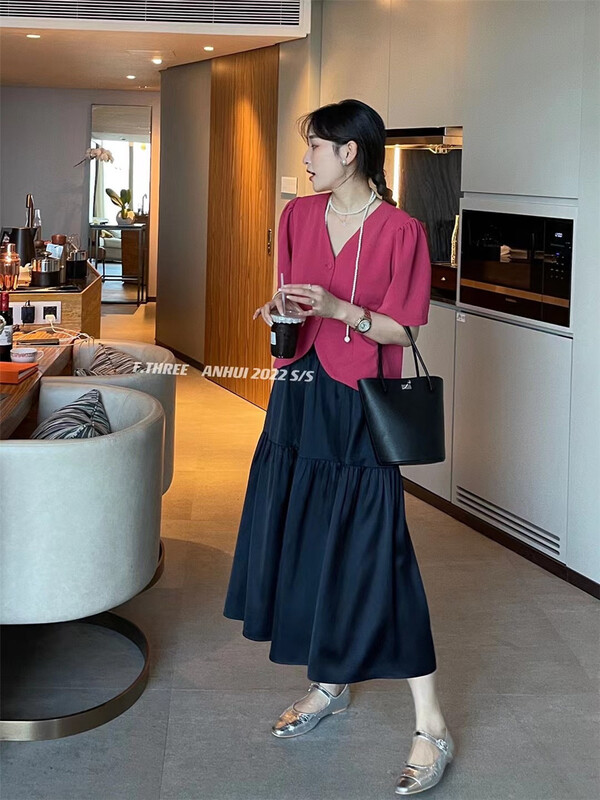 New in early summer! [f.three] V-neck bubble sleeve short sleeve suit 87282# XJ
