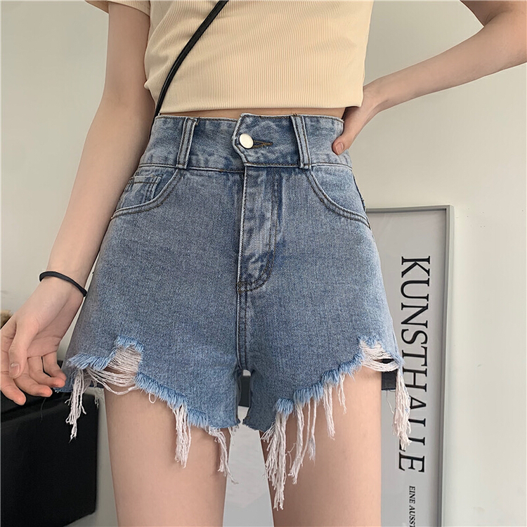 [timely rain] Han Feng ins design sense worn out design sense denim shorts 77704# WPL