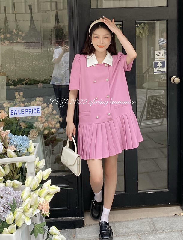 goods in stock! New in early summer! [Ivy] elegant temperament color matching double breasted dress 88159# XJ