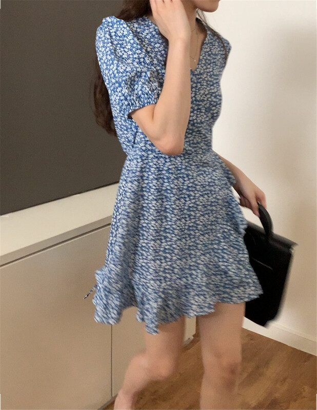 [bluepops] Korean floral V-neck bubble sleeve dress a2326# zxl