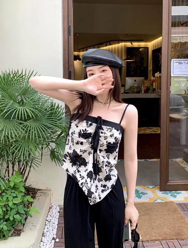 [w design] Korean foreign style black and white printing loose vest / sling 20151-3# WPL