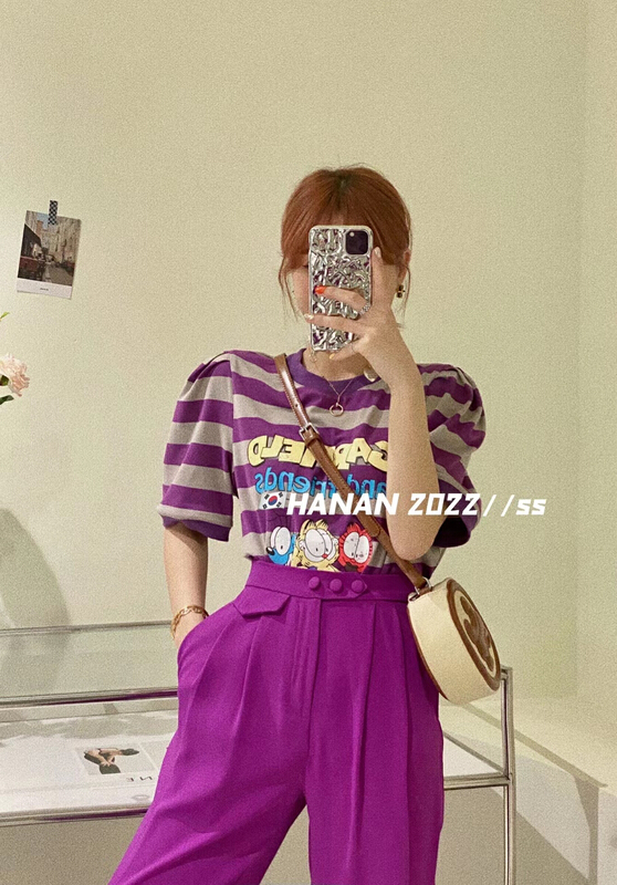 New in early summer! [Hanan] Korean versatile loose large bubble sleeve contrast stripe short sleeve T-shirt ys1-6098# LSL