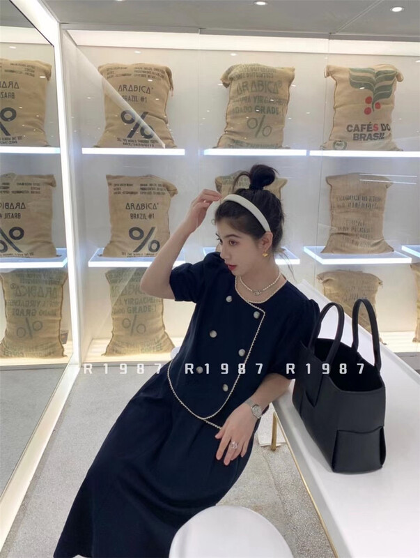 [r1987] Korean double breasted short blouse + gentle wind medium length skirt suit 5157# zjy