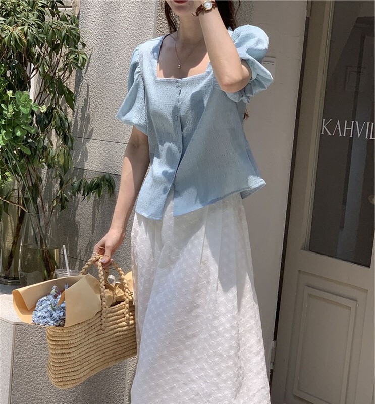 [new post] Korean version square neck bubble sleeve short shirt np6657-c2# cqw