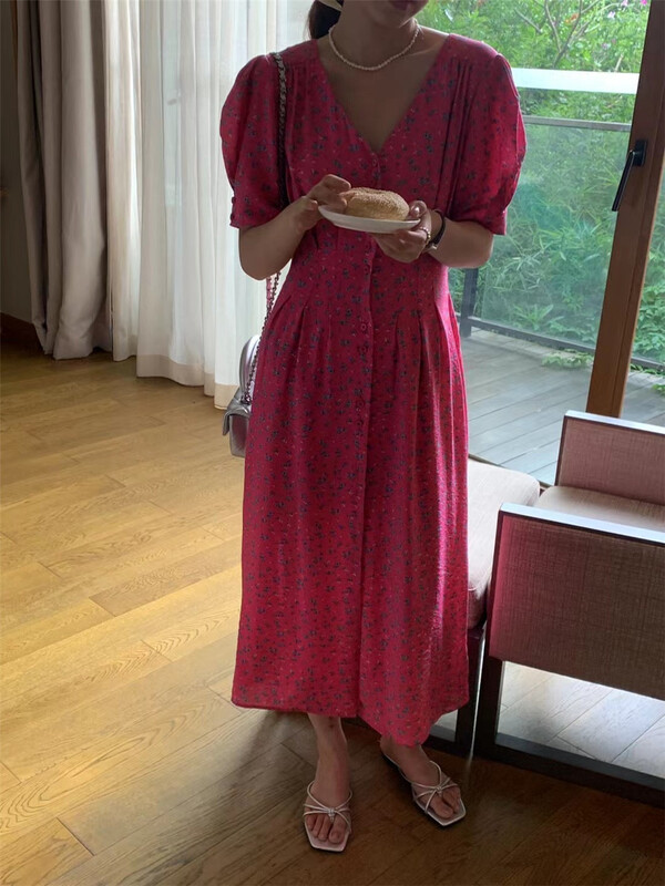 [Sicily] floral breasted V-neck dress 9133# XJ