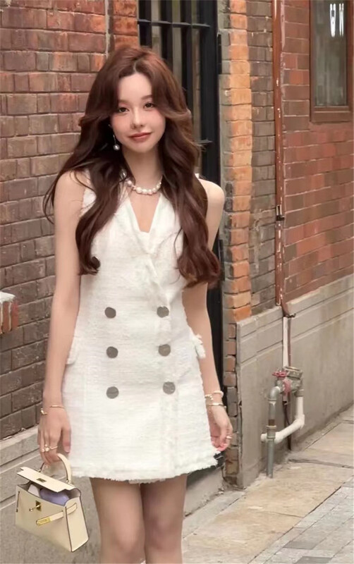 [half plain] V-neck double breasted small fragrance sleeveless dress 825# zjy