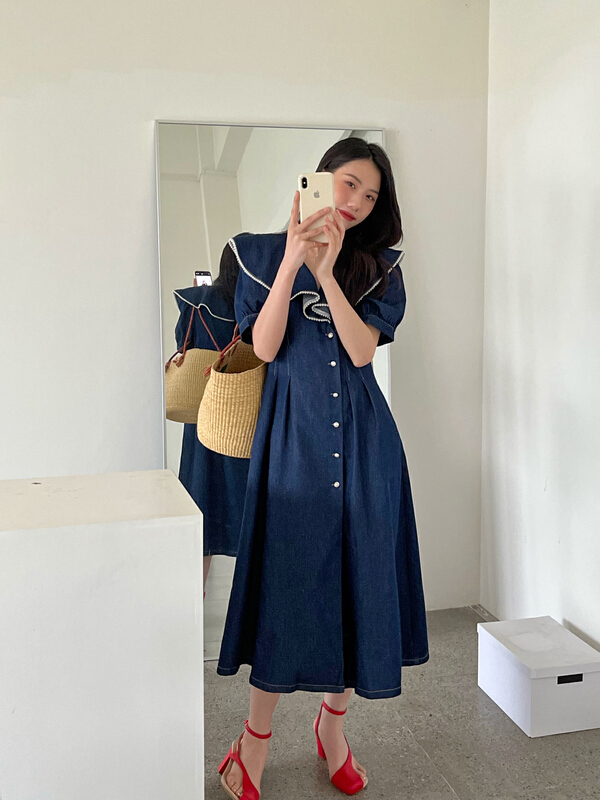 goods in stock! [new open] French design sense, minority contrast color, ruffled denim dress hl22619# zxl