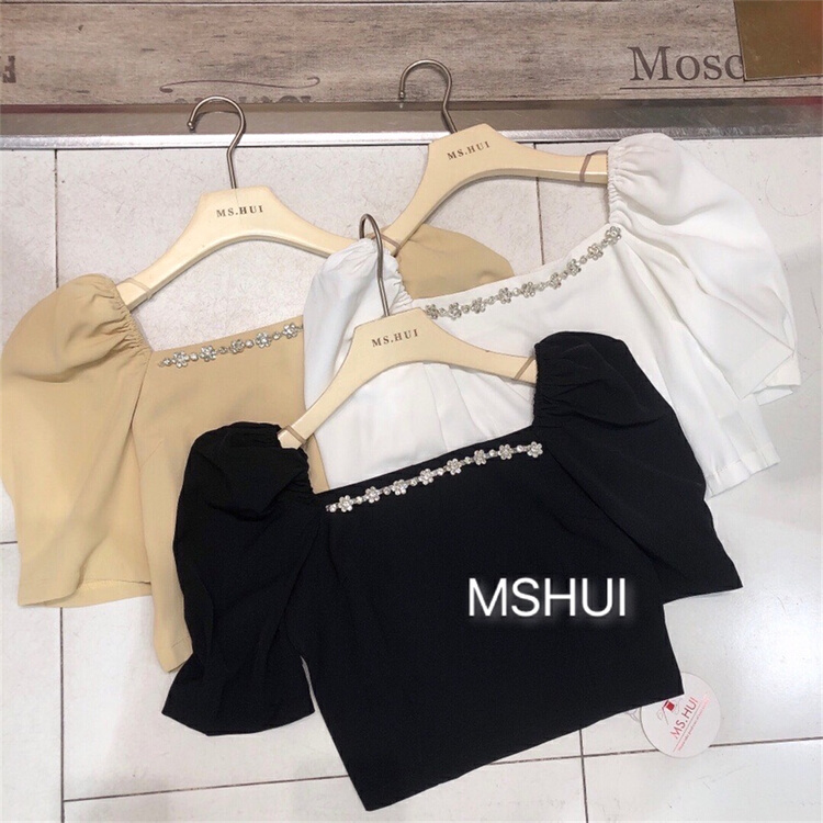 New in early summer! [ms.hui] fashion bubble sleeve hot drill short shirt 6641# WPL