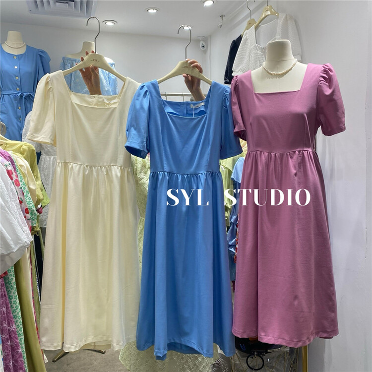 【SYL】方領氣質泡泡袖連衣裙  5200#  L