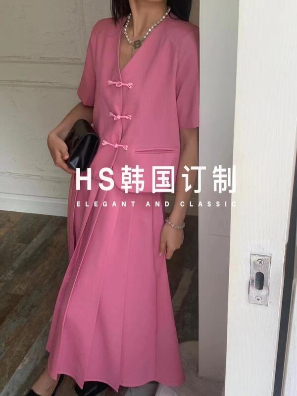 [HS Korean customization] Korean Ladies V-neck short sleeved suit + simple pleated skirt suit 65263# hjy