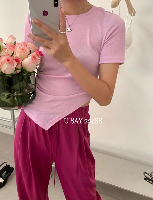 [u say] versatile niche drawstring pleated irregular round neck short sleeve T-shirt 65912# LSL
