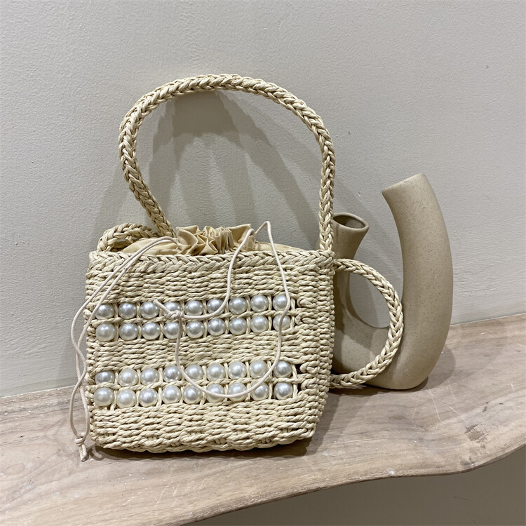 [misslan] straw woven pearl drawstring messenger bag a603# XJ