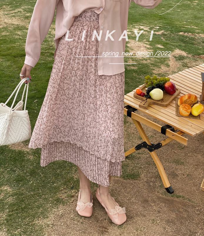 New year in early spring! [linkayi] lady floral pleated elastic waist skirt 22090# hjy