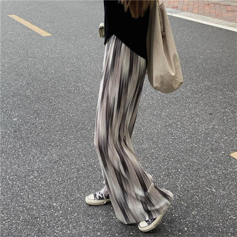 Pleated pants tie dyed wide leg pants women's high waist hanging thin loose straight tube crimping casual floor pants