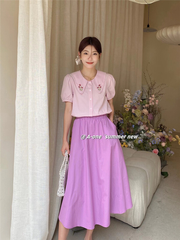 [A-One] literary Embroidery Shirt + high waist skirt suit 22158# hjy