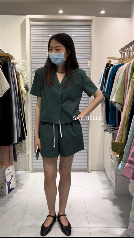 [sayhello] simple and versatile solid color single breasted shirt + versatile basic solid color drawstring set 20966# L
