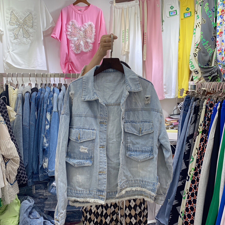 [Qijia +] pierced and forked tassel denim jacket 0008# zyh