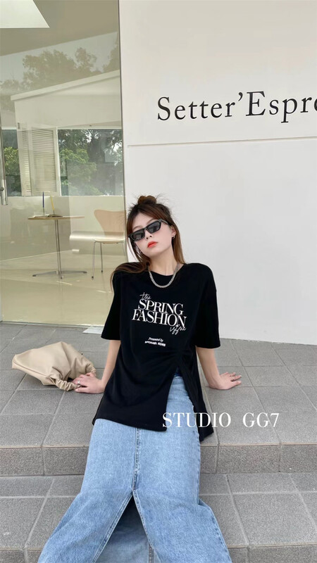 New in early summer! [gg7] simple casual loose letter pleated short sleeve T-shirt 3309# WPL