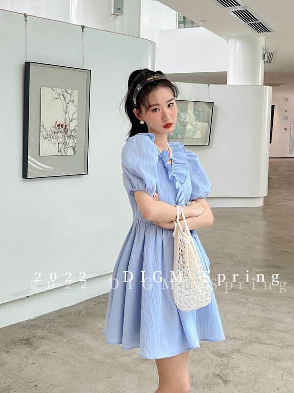 [digm] Korean version Ruffle side bubble sleeve slim dress 7706# zxx