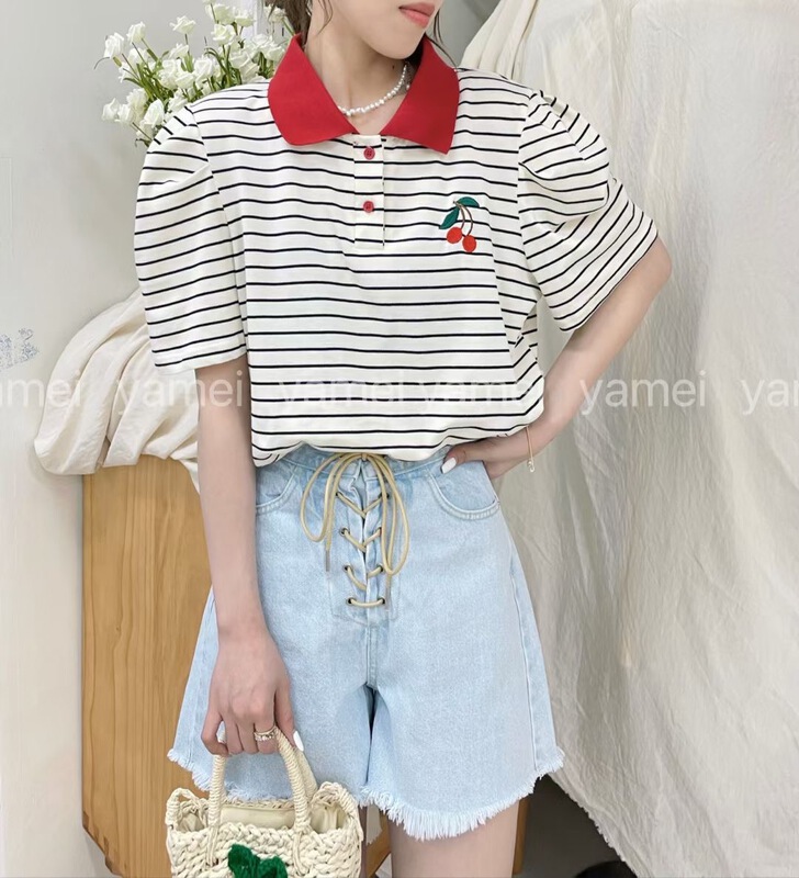 [ya. Mei] color blocking stripe comfortable blouse 8901# ll