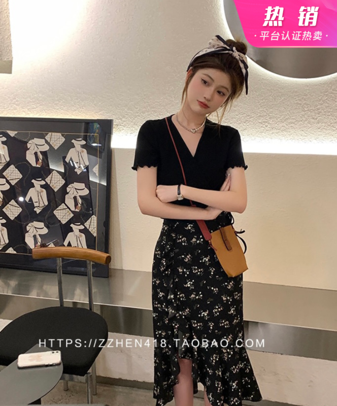 [y.jia Yijia] one piece V-neck short sleeve + versatile floral skirt suit (suit only) 6787# PCZ