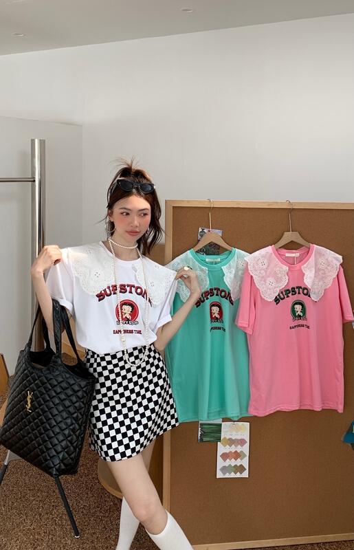 [our] lace collar playful print short sleeve T-shirt 9723# LSW