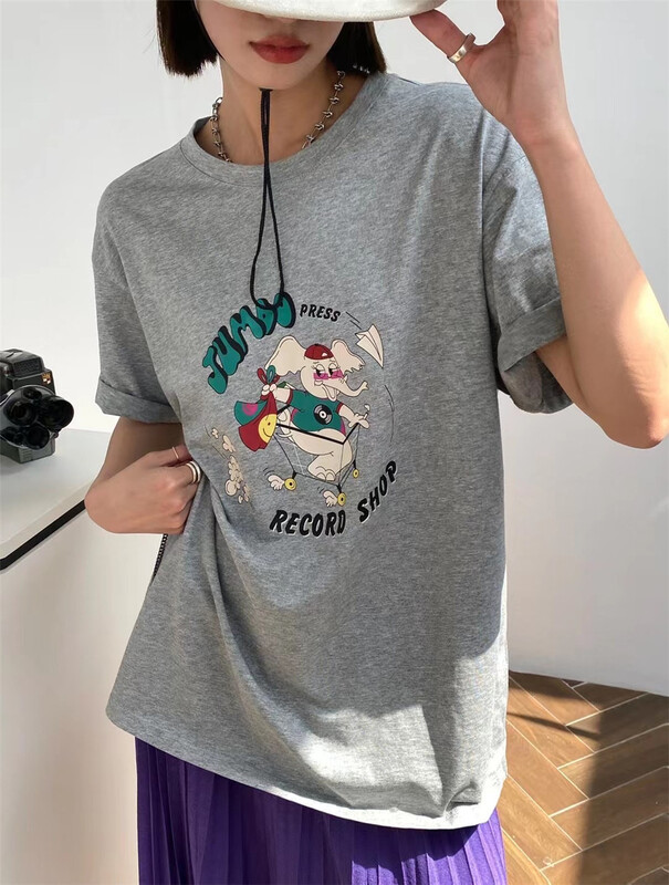 [black + white] Korean cartoon printed loose short sleeve T-shirt t2770# lwy