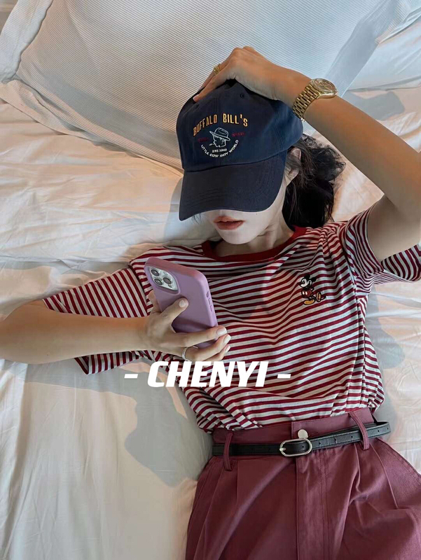 [Chenyi] Korean striped short sleeved T-shirt + casual versatile Shorts Set (with belt) 996# XYY