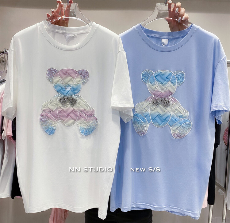 [NN] niche design color taped bear short sleeve T-shirt 9632# XYY