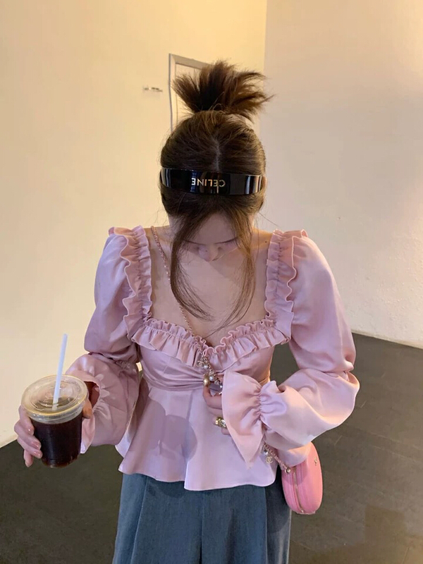 [L.L studio] pink high sense square collar collarbone shirt 77008# PCZ