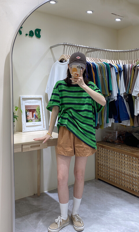 [da. 7] contrast stripe loose and versatile short sleeve T-shirt 2501-1# LSL