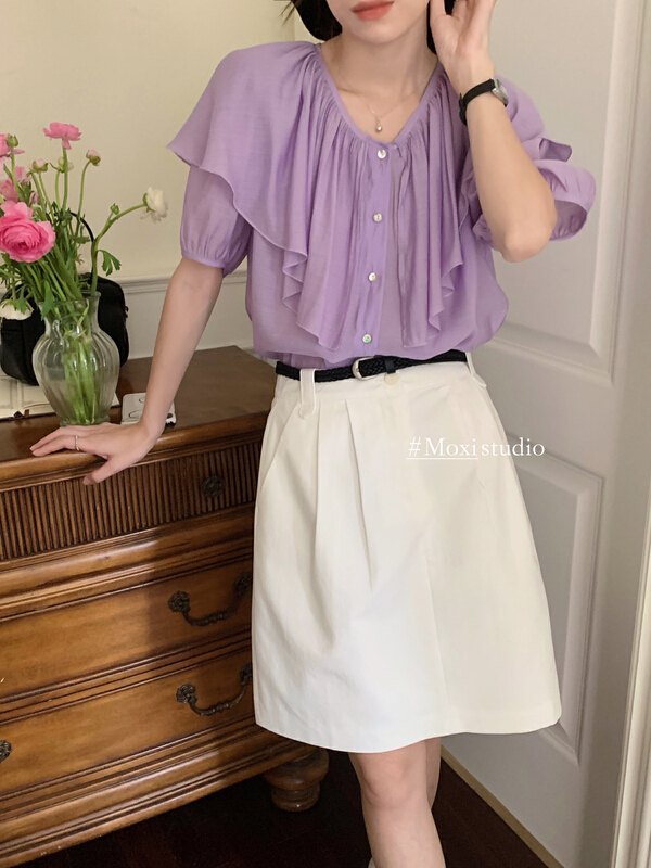 goods in stock! Early summer Shangxin 1 [Moxi] Korean simple round neck single breasted shirt (detachable collar) 6814# XJ