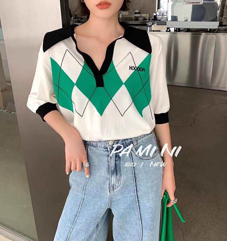 [pamini] Korean loose Polo neck versatile contrast checked sweater 8922# Cl