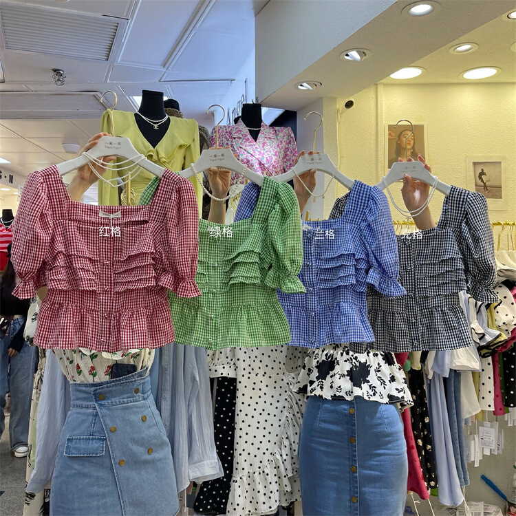 [yiguoyiguo] French Plaid Square Neck Shirt 3815# PCZ