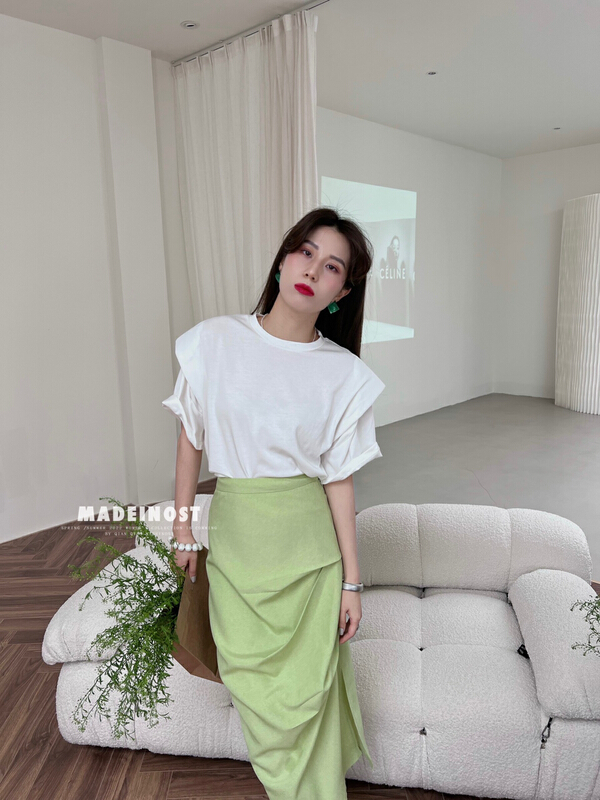 New in early summer! [OSHA madeinost] silhouette shoulder pad Pullover short sleeve T-shirt 86276# ll