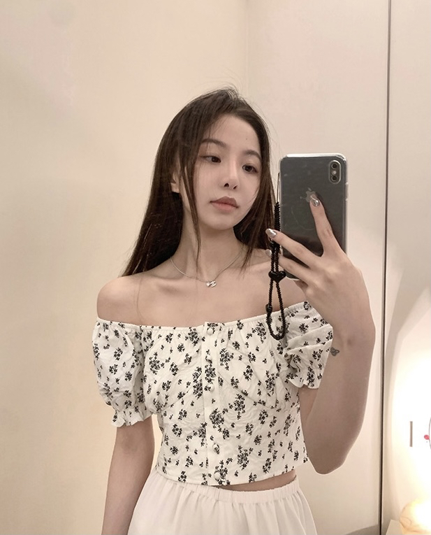 [savage] French Vintage square neck one shoulder bubble sleeve single breasted shirt e8258# WPL