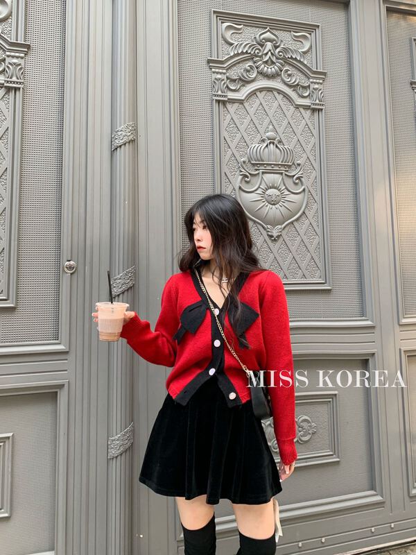 New year in early spring! [Miss Korea] French style bow dotted knitted cardigan 1678# HBx