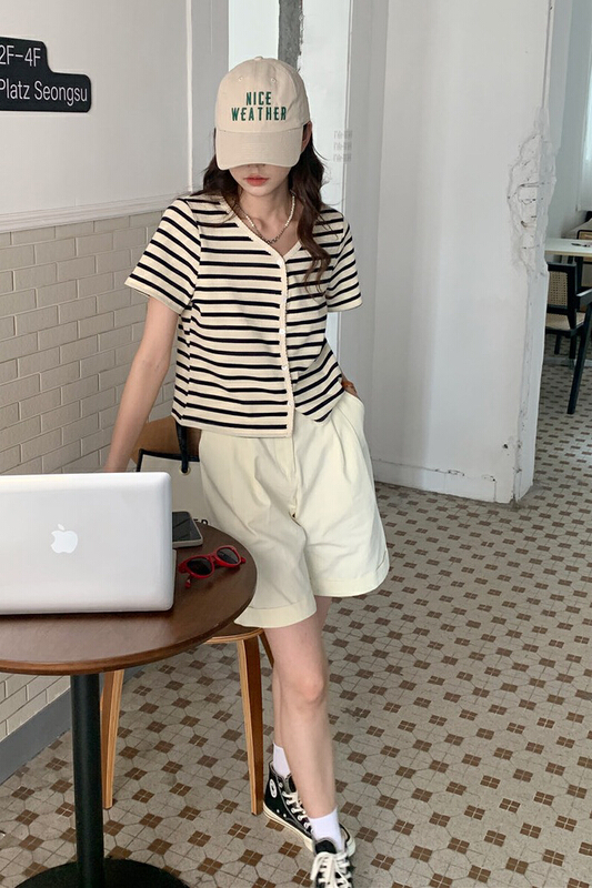 [timely rain] Korean style ins design, crimping, elastic waist, high waist casual shorts (excluding matching) 01332# WPL