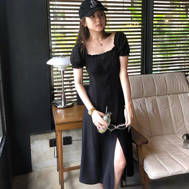 New in early summer! [L.L studio] French square neck bubble sleeve slit dress 7534# PCZ