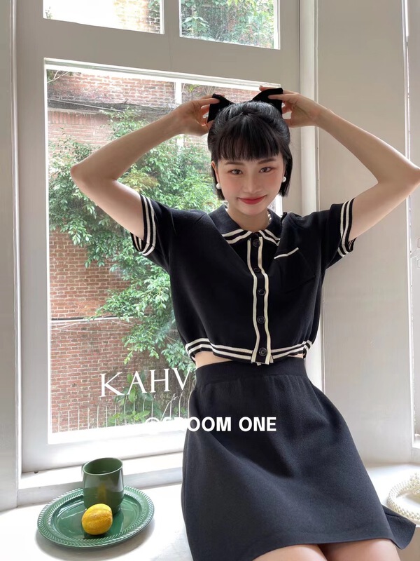 [s.room] color stitched small fragrance knitted cardigan + high waist skirt set 7024# LSL