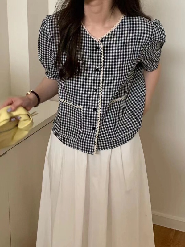goods in stock! New in early summer! [hi] Korean V-neck plaid shirt 9727# hjy