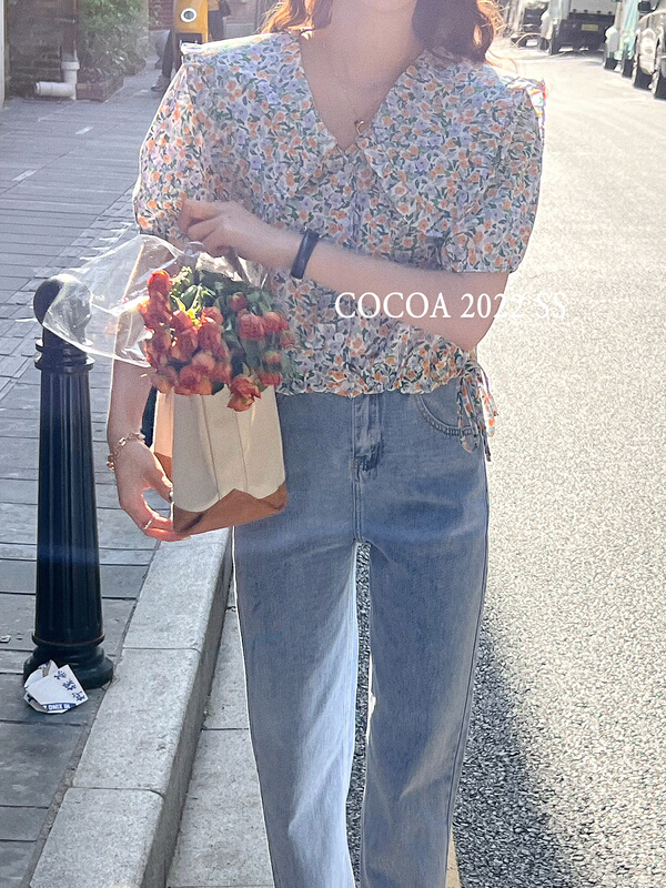 [cocoa] floral dress hem drawstring shirt 3125# L