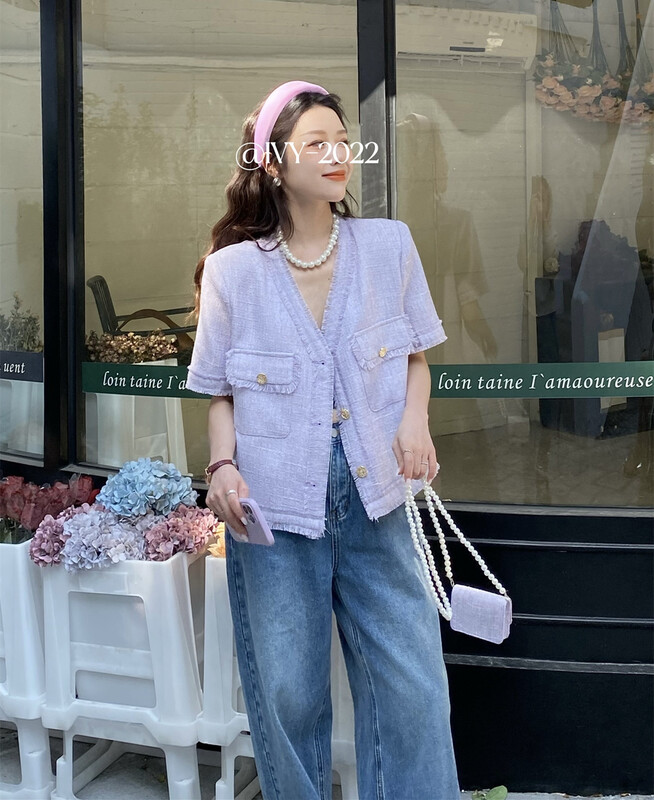 [Ivy] thin material small fragrance V-neck short sleeve jacket (with bag) 88130# XJ