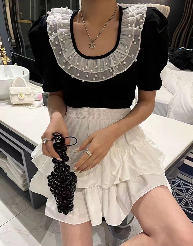 [N.N] Korean color matching lace pearl decoration short shirt 1696# cqw