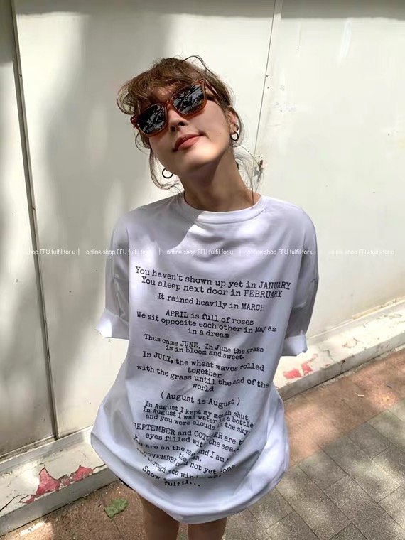[Bella Bella] large back lettered short sleeve T-shirt t6839# WTT