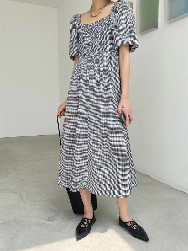 goods in stock! New in early summer! [black + white] Korean style square neck horizontal stripe bubble sleeve dress 2s10308u# lwy