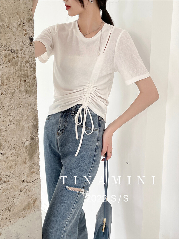 [Tina Mini] simple drawstring knitted short sleeve T-shirt ys1-6615# hjy