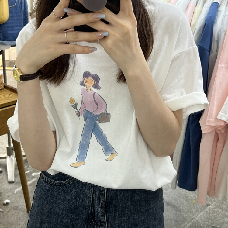 [Libai Li Bai] Korean chic minority casual round neck Abstract printing design, loose and versatile short sleeve T-shirt 2823-10# ll